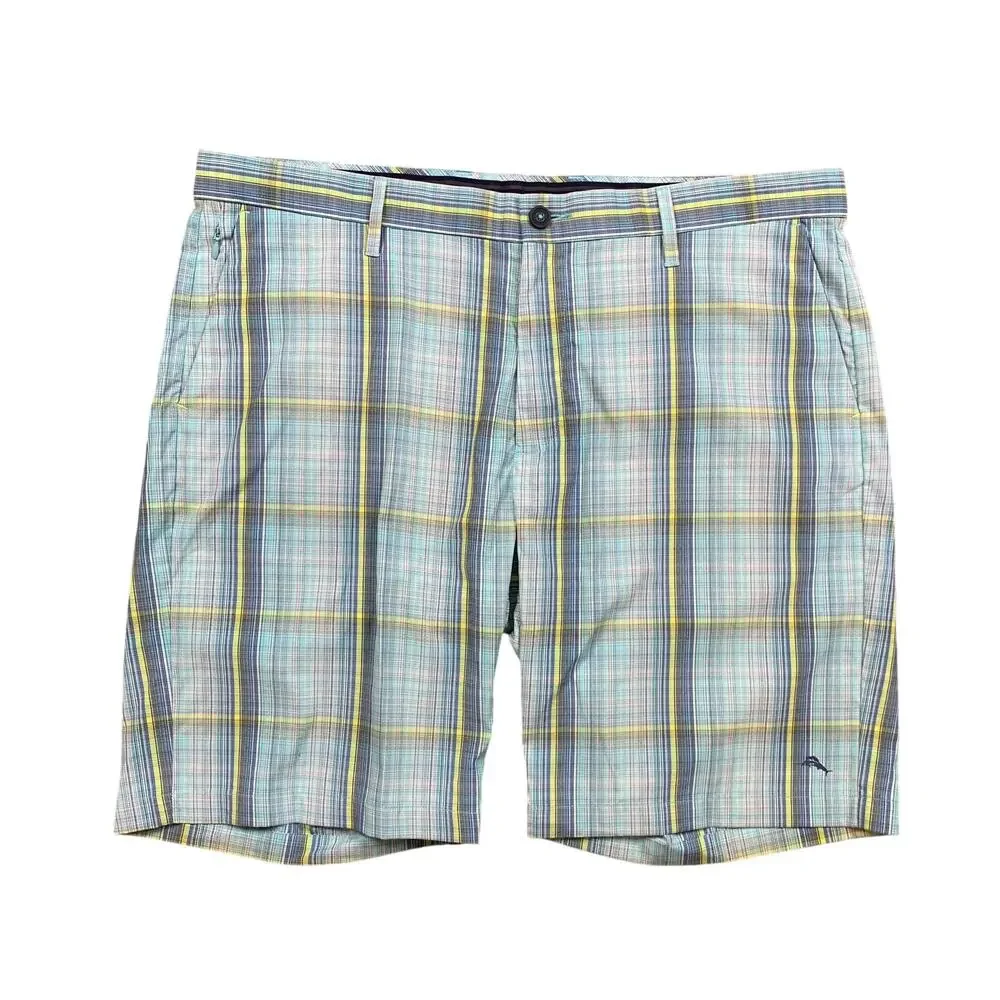 Tommy Bahama Shorts Mens 40 Sea Glass Plaid Flat Front Lightweight Performance